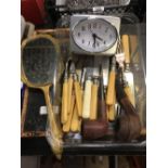 TUB CONTAINING TOOTH PIPES, HAND MIRROR, FISH KNIFE SET & FORK & MODERN TRAVEL CLOCK