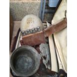 BROWN LEATHER SUITCASE WITH FIBRE GLASS MILITARY HELMET USED AS A FLOWER POT, BRASS VASE, COPPER