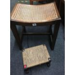 OAK WICKER TOP PIANO STOOL & SMALL FOOTSTOOL WITH BOBBIN TURN LEGS