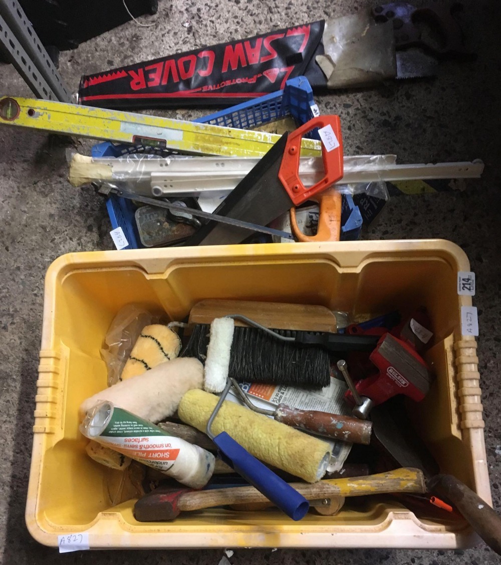 2 CARTONS OF MISC HAND TOOLS INCL; PAINT ROLLERS, HAMMERS, A VICE, RIP SAWS & OTHER HAND TOOLS