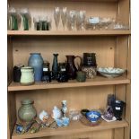 3 SHELVES OF MIXED STUDIO POTTERY & GLASSWARE