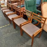 SET OF 6 MID CENTURY TEAK UPHOLSTERED LADDER BACK DINING CHAIRS