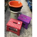 2 SMALL FOLDING STOOLS & 5 PLASTIC RUBBER BUCKETS