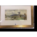 TOM LLOYD RWS, GILT FRAMED WATERCOLOUR OF A WINDMILL IN A RIVER LANDSCAPE, HANDWRITTEN DETAILS TO