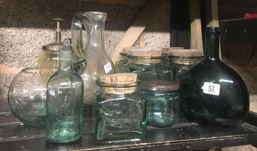 QTY OF GLASS JARS WITH CORK STOPPERS & OTHER GLASSWARE