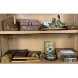 2 SHELVES OF TREEN ITEMS INCL; BOXES & 2 BAROMETERS