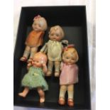 4 SMALL POSSIBLY PORCELAIN DOLLS, ONE WITH DETACHED ARMS