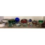 SHELF OF 10 DECORATIVE PAPER WEIGHTS, TRINKET POTS ETC