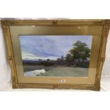 GILT FRAMED MOUNTED & GLAZED LANDSCAPE WATERCOLOUR OF SHEPERTON, MIDDLESEX, SIGNED GEORGE OYSTON,