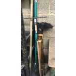 SET OF BAMBOO CHIMNEY SWEEP CLEANING RODS, GARDEN FORK, HOE & RAKE