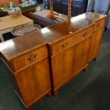 REPRODUCTION MAHOGANY VENEERED & INLAID SIDEBOARD WITH CUPBOARDS, DRAWERS & BRASS DROP HANDLES,