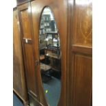 EDWARDIAN INLAID MAHOGANY TRIPLE FRONTED WARDROBE WITH DRAWER UNDER & BEVELLED MIRROR DOOR