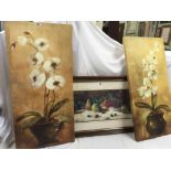 HARDWOOD FRAMED STILL LIFE OF VARIOUS FRUITS ON A TABLE TOGETHER WITH 2 FLORAL PANELS ON CANVAS