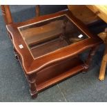 MAHOGANY GLASS TOPPED COFFEE TABLE WITH SHELF UNDER & TURNED LEGS