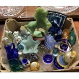 CARTON OF GLASS ORNAMENTS, PERFUME BOTTLES, JUGS ETC