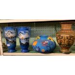 PAIR OF 1930's DECORATIVE BLUE VASES & 2 DECORATIVE STUDIO POTTERY VASES