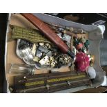 CARTON WITH BONE DOMINO'S, BRASS CRIB BOARD MARKER, CANDLE SNUFFERS, PLATED TRAY & OTHER BRIC-A-