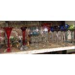 SHELF OF WINE GLASSES, VARIOUS SHAPES & 6 BOHEMIAN GLASSES