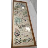 ORIENTAL SILK PANEL EMBROIDERY OF RIVER LANDSCAPE WITH FIGURES, TREES AND BIRDS