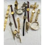 TUB OF GOLD COLOURED LADIES WRIST WATCHES & A WHITE METAL POCKET WATCH & CHAIN BY LOUIFREY