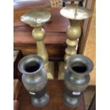 PAIR OF DUTCH DECORATIVE BRASS & COPPER VASES & A PAIR OF GILT WOOD LARGE CANDLE HOLDERS