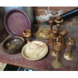 BOX OF HAND TURNED WOOD CANDLESTICKS, BOWLS ETC