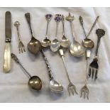 TUB OF VARIOUS SILVER SPOONS & PICKLE FORKS