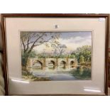 LARGE F/G MOUNTED WATERCOLOUR OF STAVERTON BRIDGE ON THE RIVER DART BY FRANK CADWALLADER PLUS