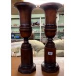 PAIR OF LARGE CARVED MAHOGANY DECORATIVE BURNERS OR CANDLE HOLDERS, 19'' HIGH APPROX