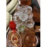 QTY OF QUALITY CUT GLASS INCL; FRUIT BOWLS, NIBBLES DISH, DECANTERS & A WEDGWOOD STUDIO GLASS OVAL
