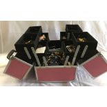 PINK CANTILEVER JEWEL CASKET WITH SUB MARINERS BADGES, WATCHES, MISC COSTUME JEWELLERY & PIN BADGES