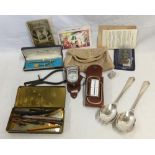 TUB OF MISC BRIC-A-BRAC INCL; PLATED SALAD SERVERS, BEADED PURSE , PENS, WALLETS, CIGARETTE