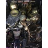 SMALL CARTON OF MISC BRASS ITEMS INCL; STONE ASHTRAY