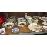 SHELF WITH QTY OF BOOTHS CEYLON IVORY PLATES & DISHES, FLORAL PLATES & CAKE STAND & OTHER CHINAWARE