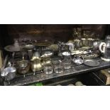 SHELF WITH LARGE QTY OF PLATED EPNS STAINLESS STEEL & PEWTER MUGS, JUGS & CUTLERY