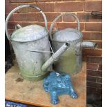 BLUE GLAZED FROG & 2 GALVANISED WATERING CANS, NO ROSES