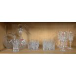 SHELF OF CUT GLASS GLASSES, DECANTER ETC