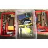 CARTON OF MISC TOOLS & 2 RED TOOL TRAYS WITH OPEN ENDED SPANNERS, SCRAPERS, SPIRIT LEVELS, LADDER