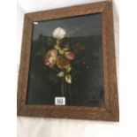 ANTIQUE PAINTING ON A LACQUER PANEL OF A BOUQUET OF LEAVES AND FLOWERS INLAID WITH MOTHER OF PEARL.