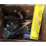 CARTON OF MISC HAND TOOLS INCL; AN AIR FOOT PUMP