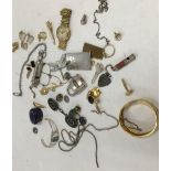 TUB OF MISC JEWELLERY INCL; AN ACME WHISTLE, GOLD COLOURED BANGLES, BRACELETS & COSTUME JEWELLERY