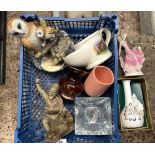 CONTAINER WITH SHAVING MUG, OWL FIGURINES, ASHTRAY & OTHER BRIC-A-BRAC