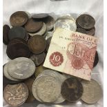 CARTON OF OLD BRITISH COPPER & SILVER COINAGE INCL; CROWNS, HALF CROWN ETC & A 10 BOB NOTE