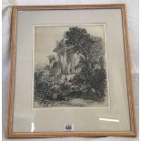 19THC PENCIL DRAWING OF VARIOUS FIGURES STOOD BESIDE CLASSICAL RUINS