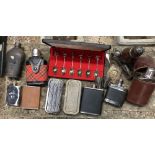 CARTON WITH 2 ROLLS RAZORS, PLATED CASTER, VARIOUS HIP FLASKS, A SHOE SHINE KIT & A BOXED SET OF