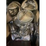 CARTON OF MISC METAL WARE INCL; ENTRE DISHES, TANKARDS, CUTLERY SET, NIBBLES DISH