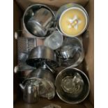 CARTON WITH MISC STAINLESS STEEL KITCHENWARE, GRATER & CHINA BISCUIT BARREL