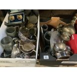 2 CARTONS OF MIXED PLATED PEWTER, HEADLESS STATUE & OTHER PLATED ITEMS