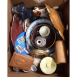 CARTON WITH TREEN ITEMS, MIXED CHINAWARE & OTHER BRIC-A-BRAC