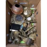 CARTON WITH BRASS CANDLES STICKS, COPPER WATERING CAN, EMBOSSED TRAYS & OTHER BRASS ITEMS